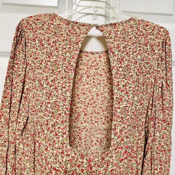 AMERICA EAGLE WOMEN'S TOP SIZE M FLORAL LOG SLEEVES OPEN BACK BOHO PEPLUM TUNIC - Picture 5 of 9